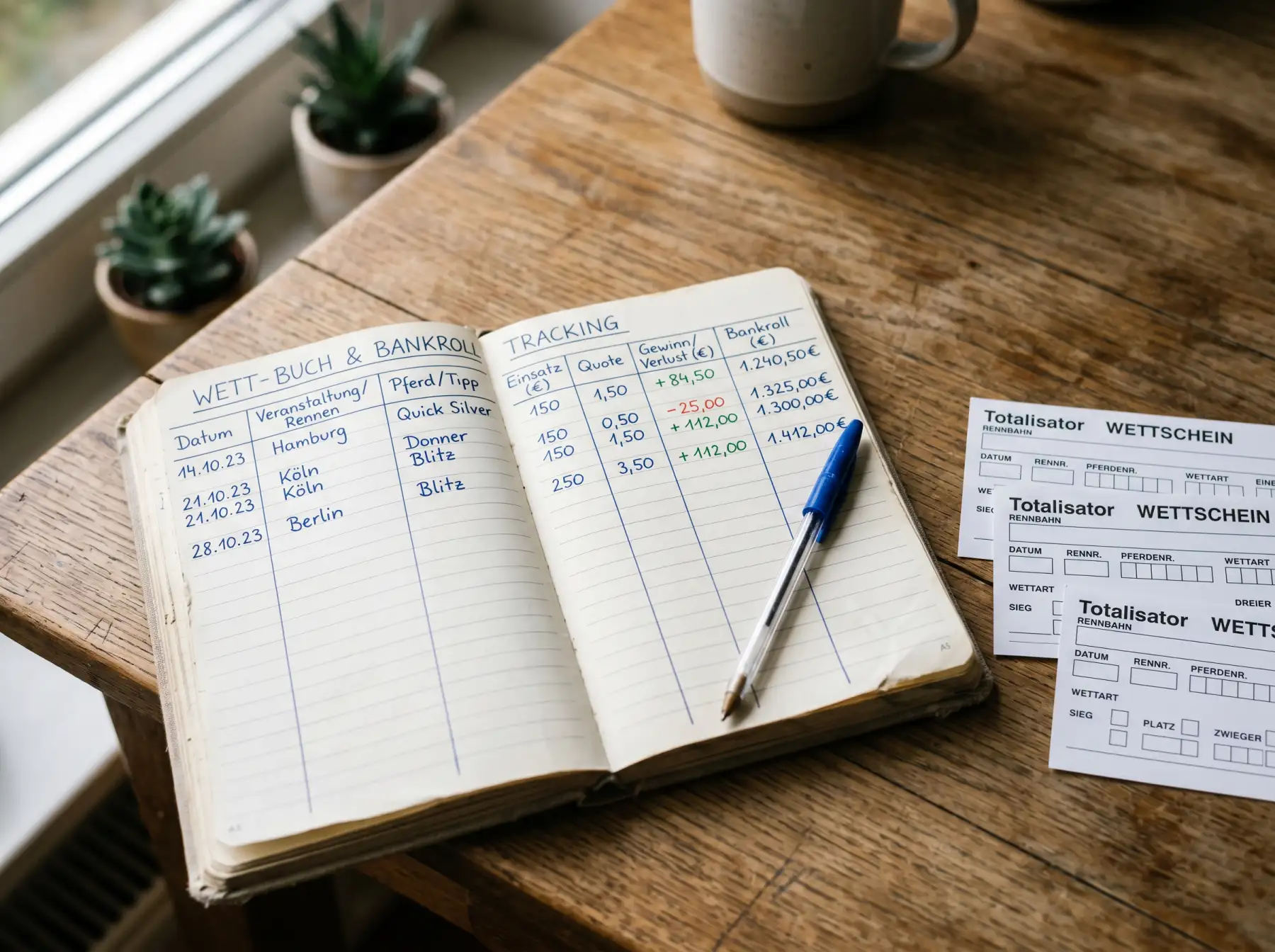 Notizbuch mit handgeschriebener Bankroll-Tabelle und Wettscheinen auf einem Schreibtisch an der Rennbahn