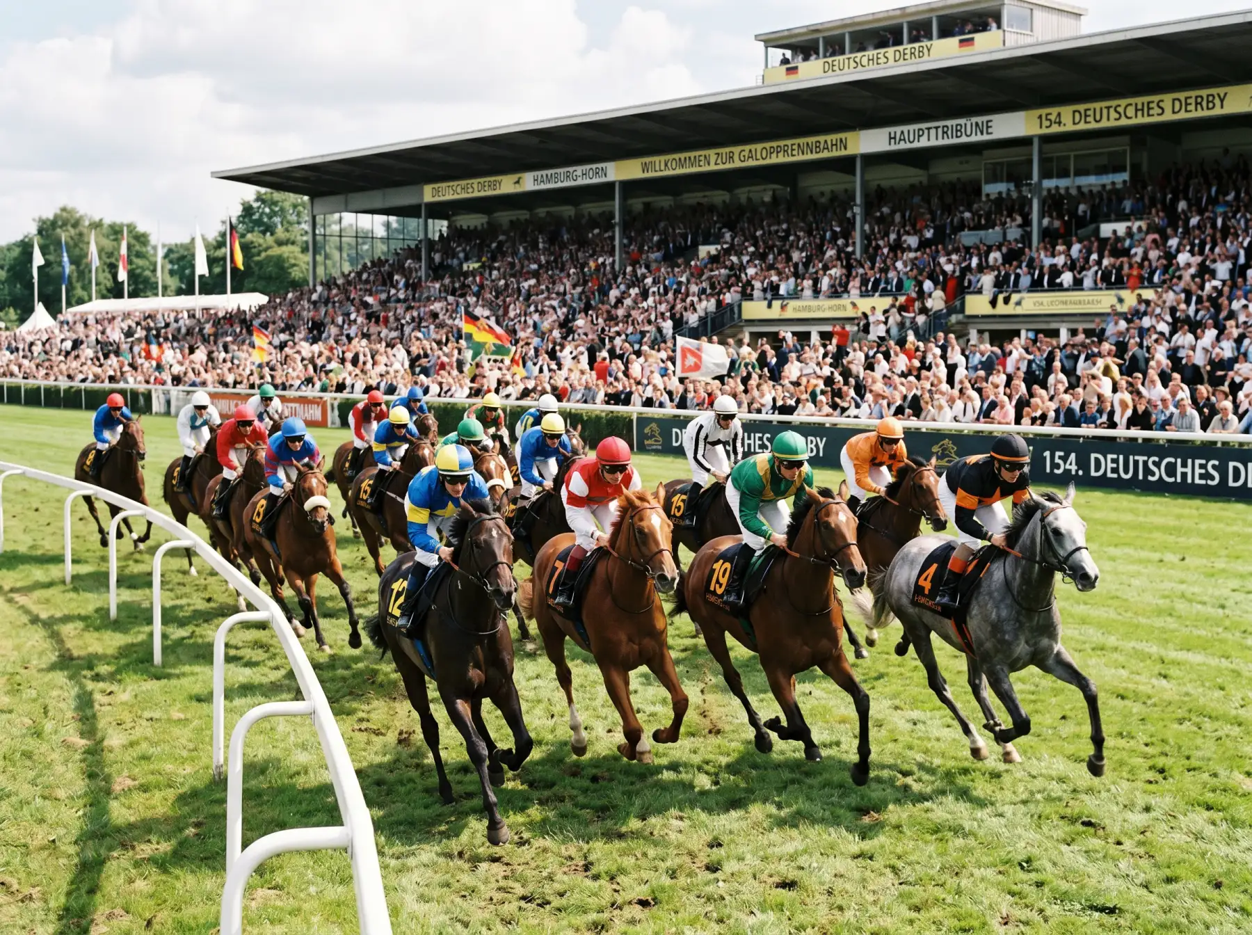 Vollblüter auf der Zielgeraden der Hamburger Galopprennbahn Horn beim Deutschen Derby mit voller Tribüne im Hintergrund