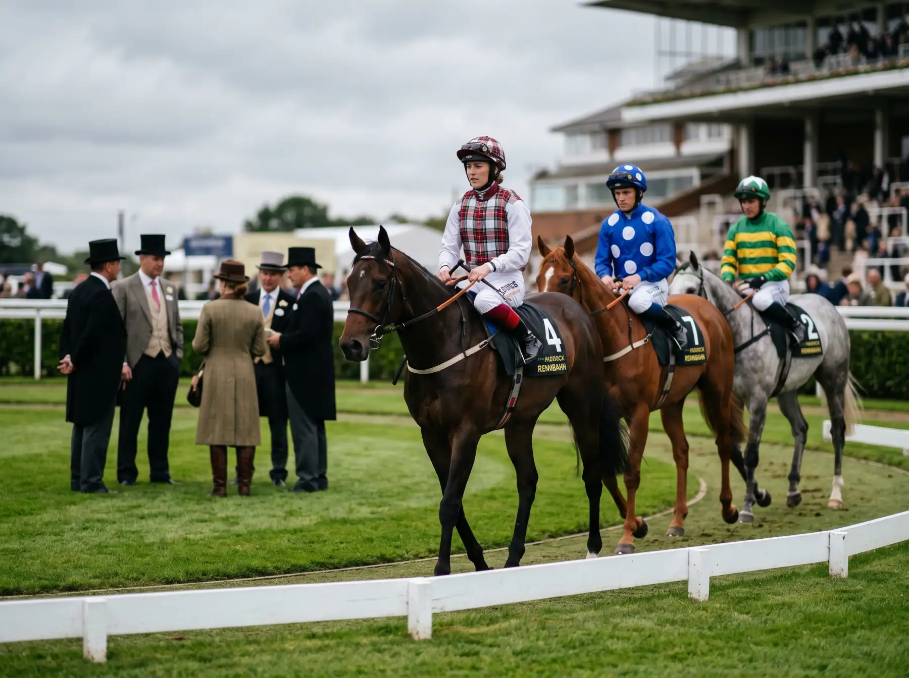 Britische Jockeys in bunten Seiden führen ihre Pferde auf den Paddock einer englischen Galopprennbahn