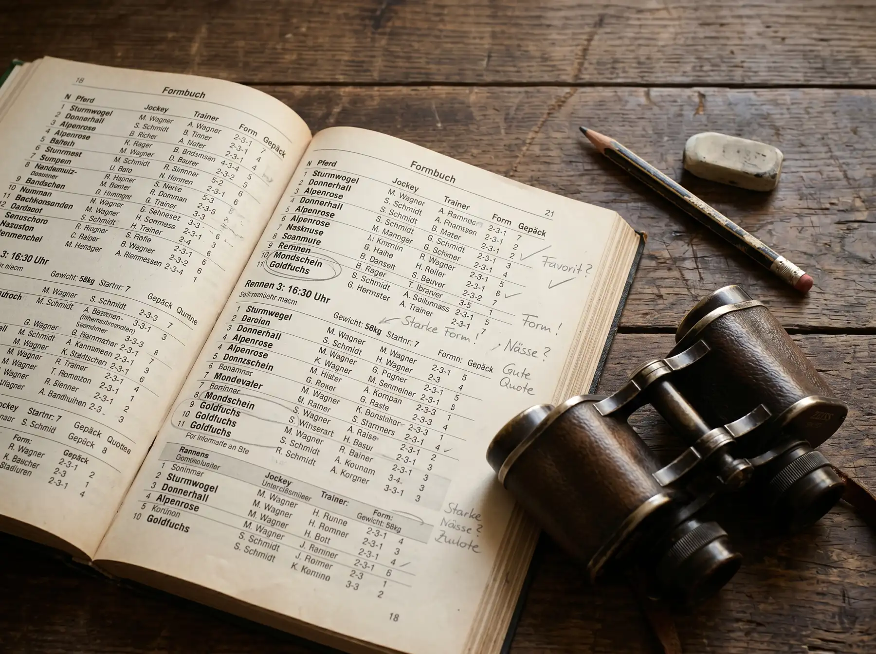 Aufgeschlagenes Formbuch mit handschriftlichen Notizen und Fernglas für Pferdewetten-Strategie
