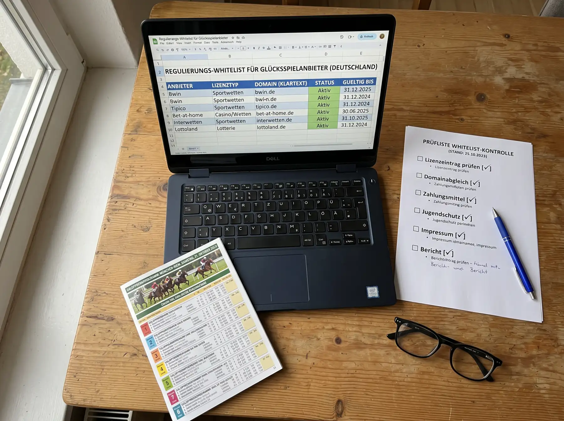 Monitor mit geöffneter GGL-Whitelist-Seite und Checkliste auf einem Schreibtisch neben einem Pferdewett-Programmheft
