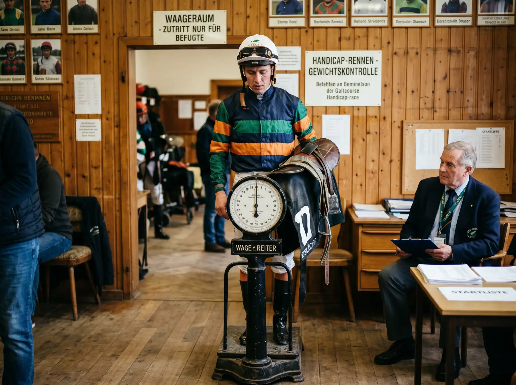 Jockey mit Satteltaschen und zusätzlichen Gewichten an der Waage vor einem Handicap-Rennen auf einer deutschen Galopprennbahn
