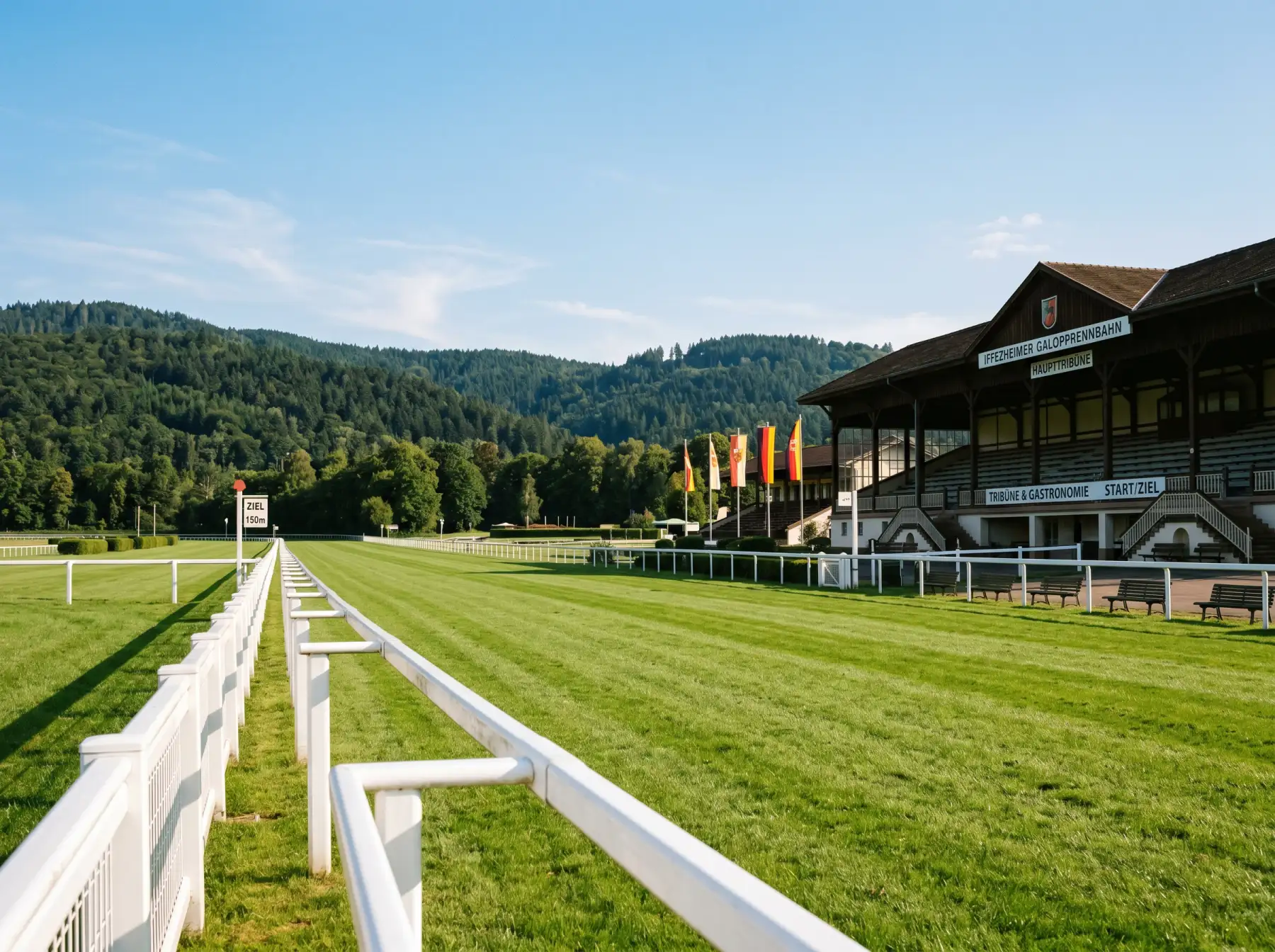 Rennbahn Iffezheim mit Blick auf die Zielgerade, historischer Tribüne und Schwarzwaldkulisse im Hintergrund