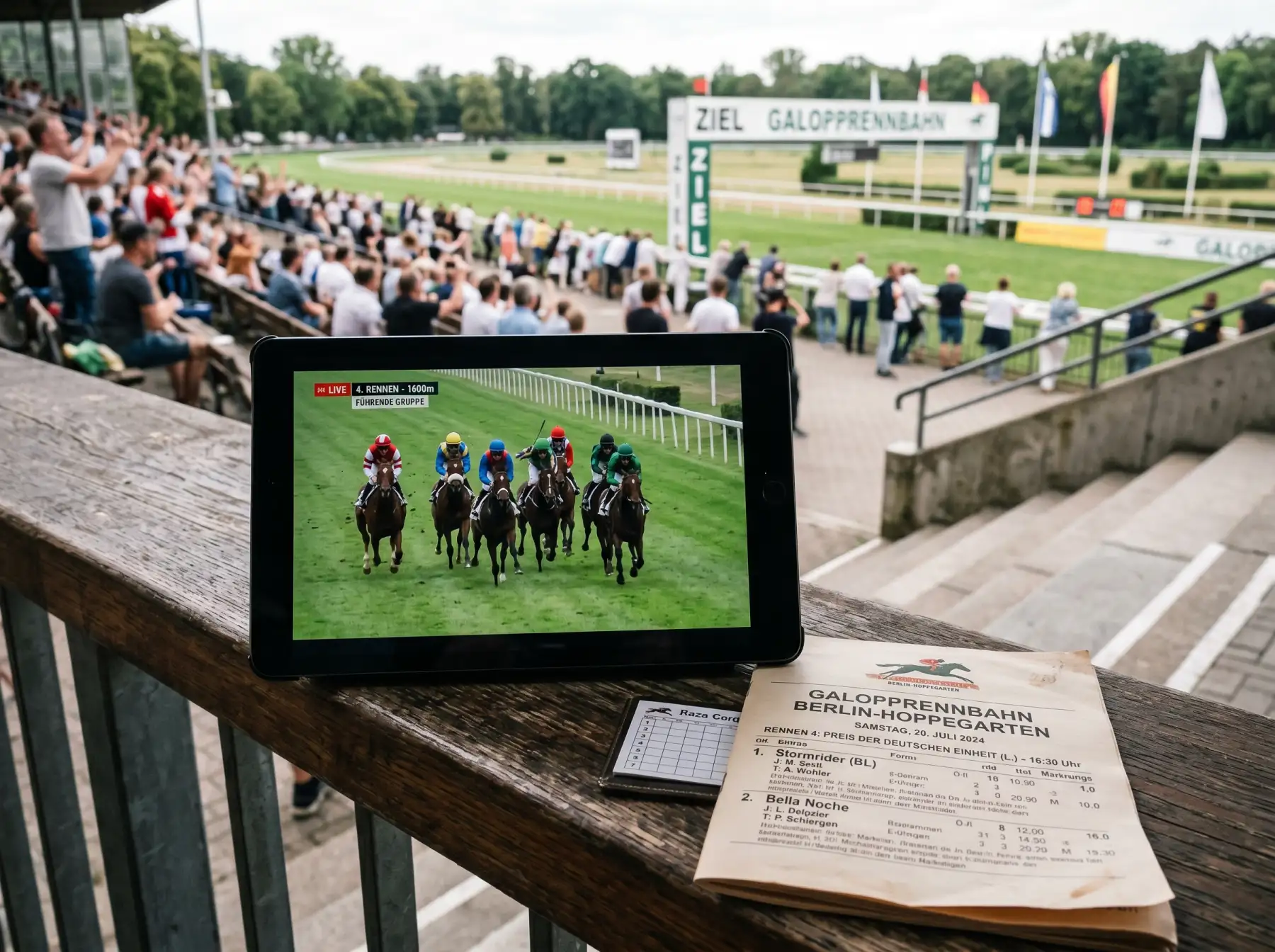 Tablet mit Pferderennen-Live-Stream auf einer Bahn-Tribüne, daneben aufgeschlagenes Programmheft