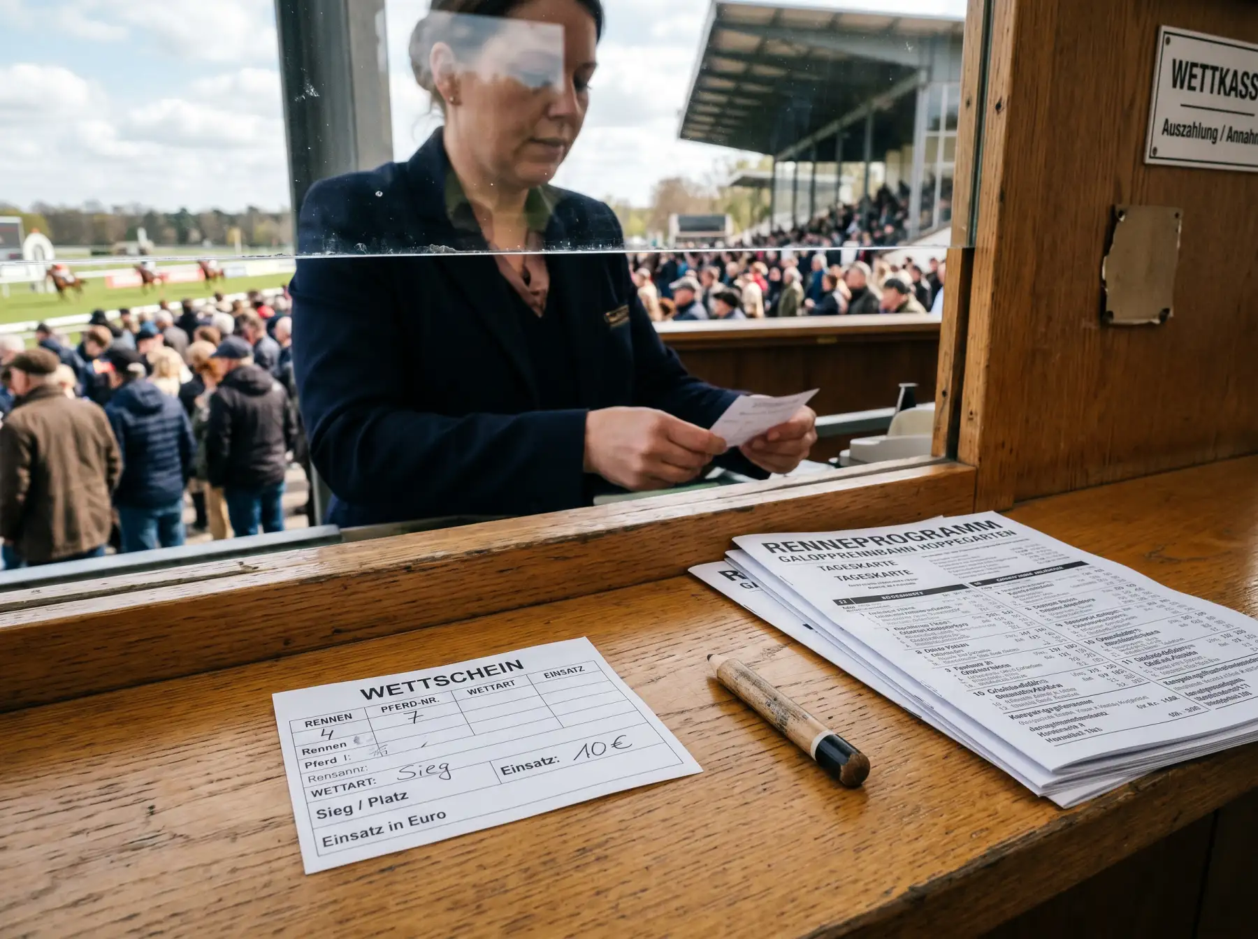 Detailaufnahme einer Wettkasse mit Münzen, Wettschein und Programmheft auf einer deutschen Galopprennbahn