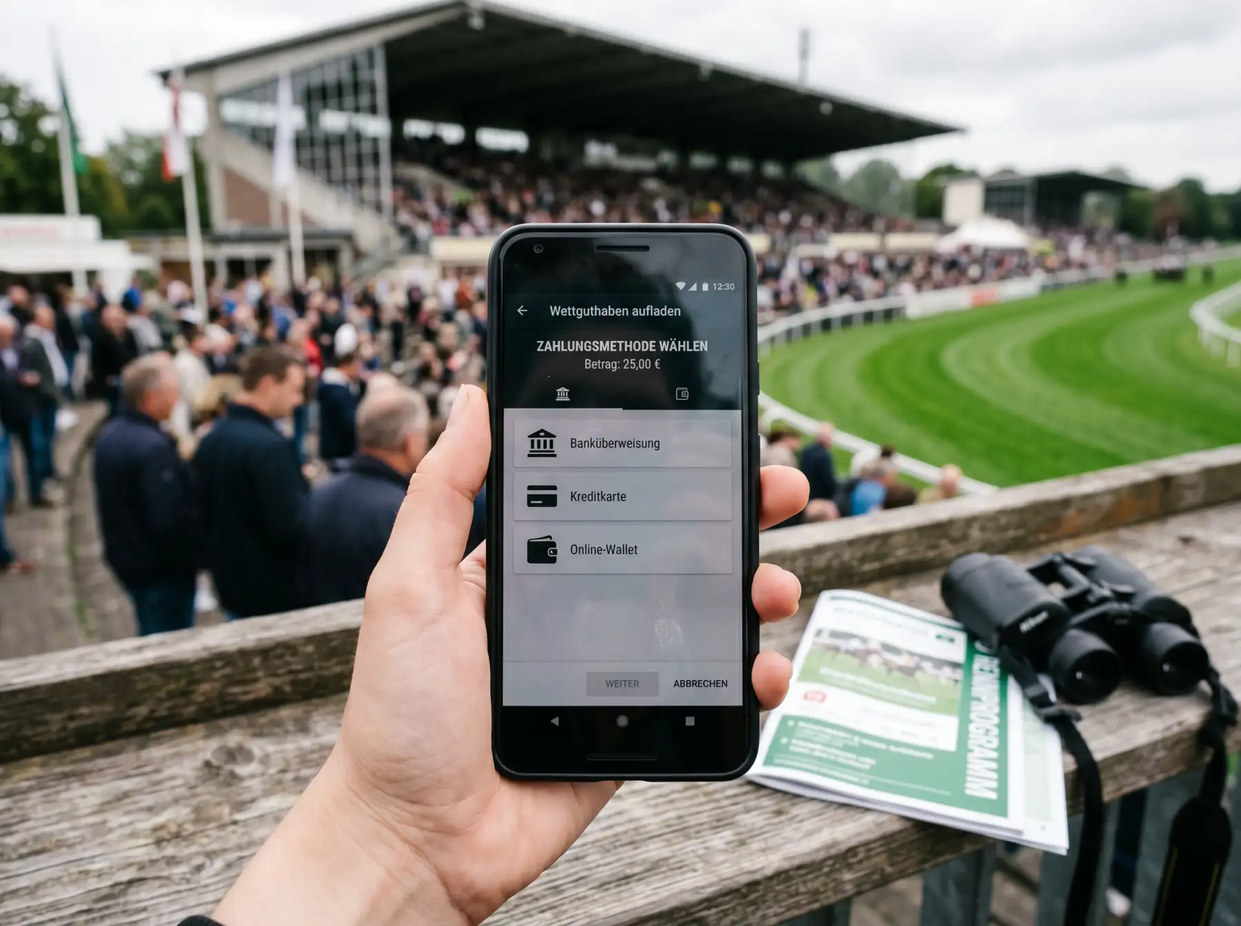 Hand hält Smartphone mit Wett-App und Zahlungsauswahlmenü vor einer Rennbahn-Tribüne