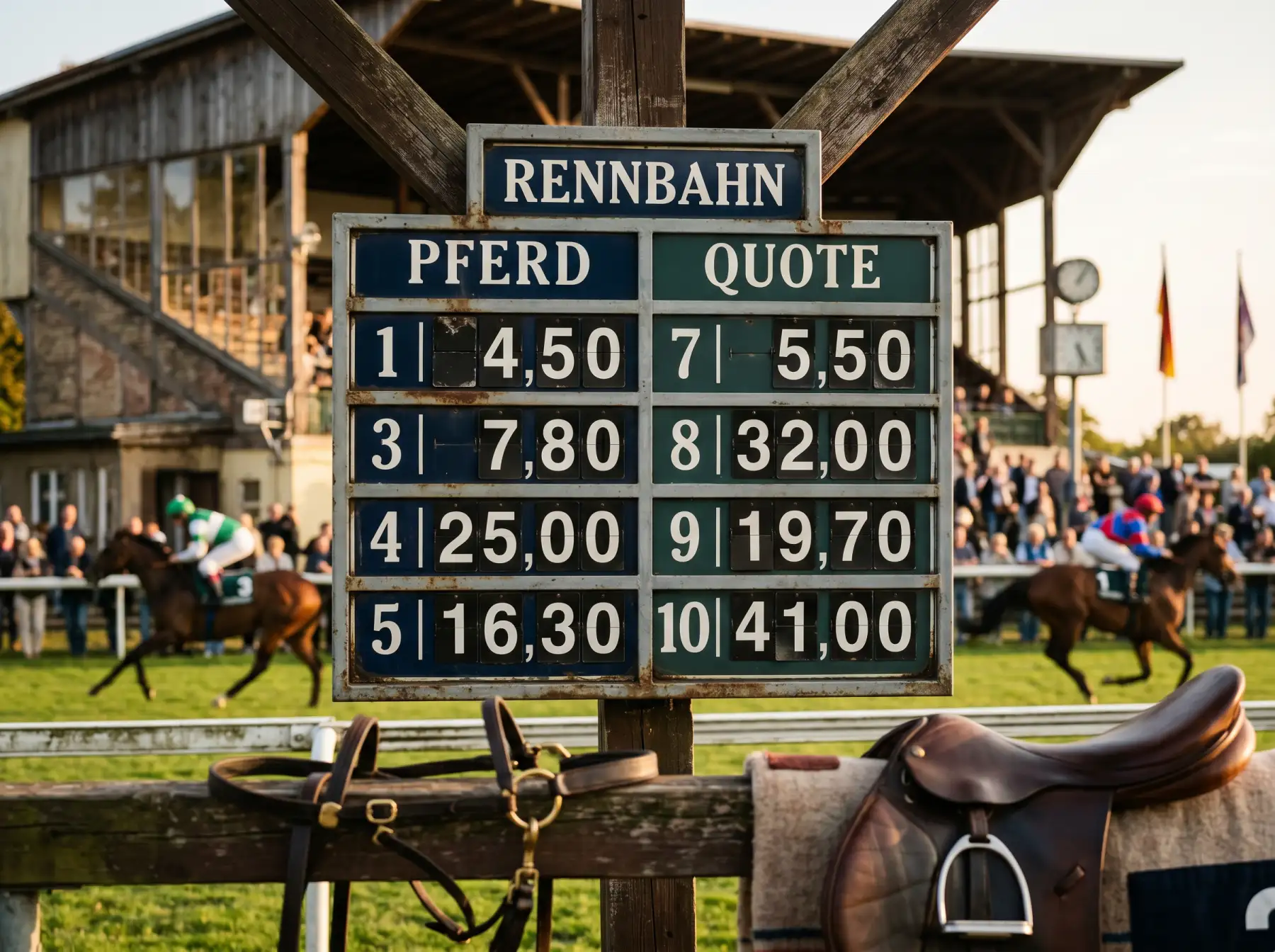 Anzeigetafel mit Pferdewetten-Quoten auf einer deutschen Galopprennbahn