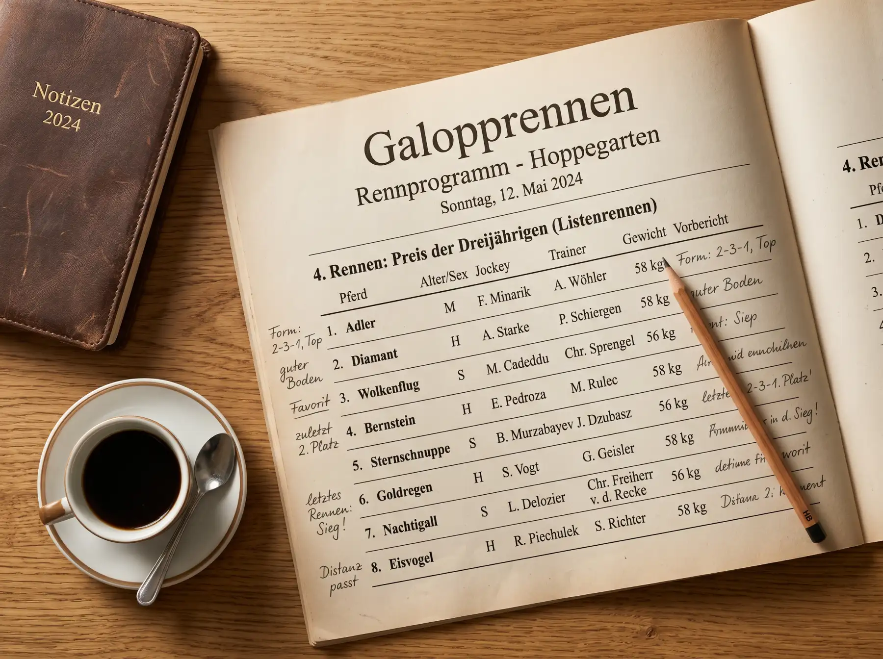 Rennprogramm mit Formkurven und handschriftlichen Notizen eines Pferdewetten-Analysten