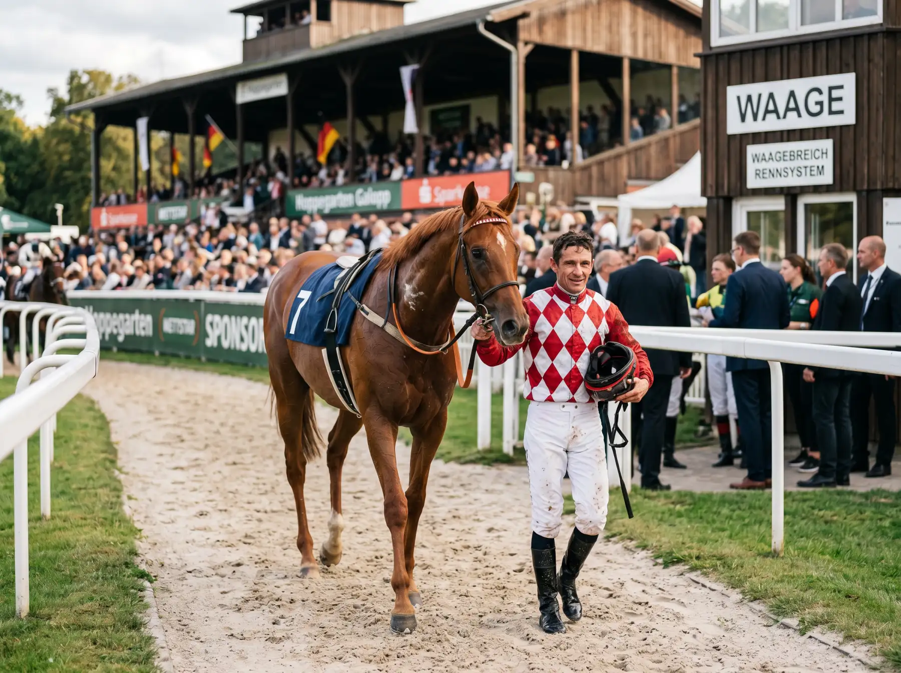 Jockey in rot-weißer Seide führt ein Vollblut nach einem Zielfoto zur Waage auf einer deutschen Galopprennbahn