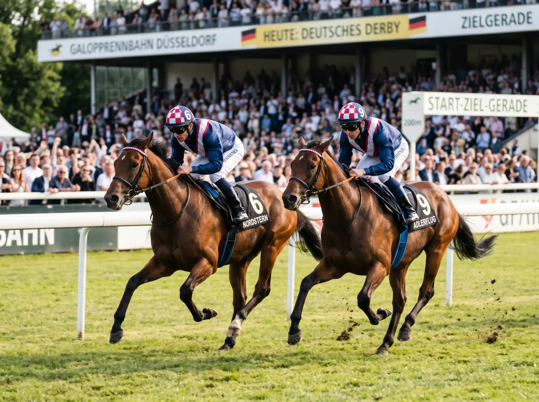 Zwei Pferde desselben Stalles mit identischen Jockey-Farben auf der Zielgeraden einer deutschen Galopprennbahn