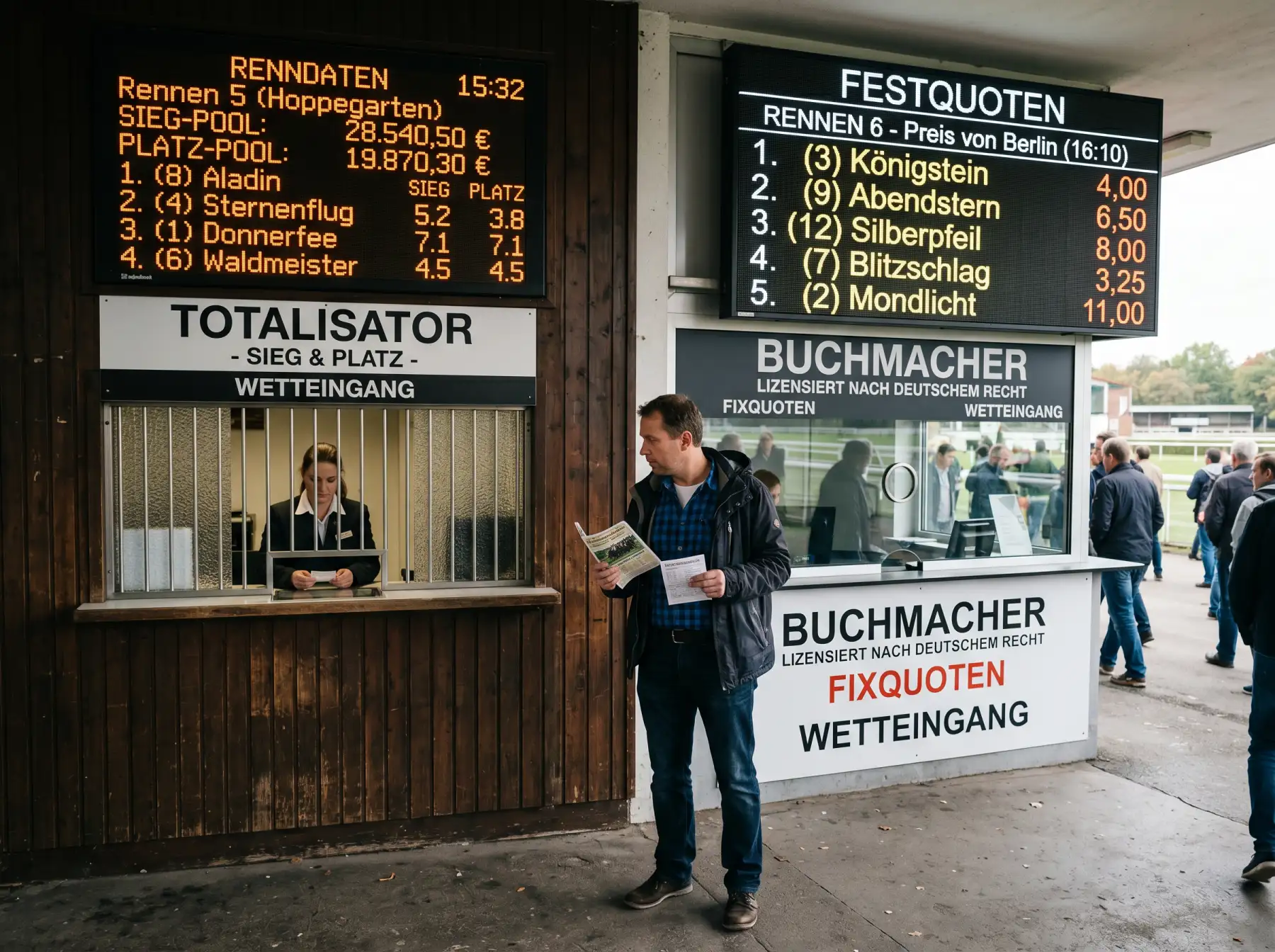 Historische Totalisator-Anlage neben moderner Wettannahme auf einer deutschen Galopprennbahn