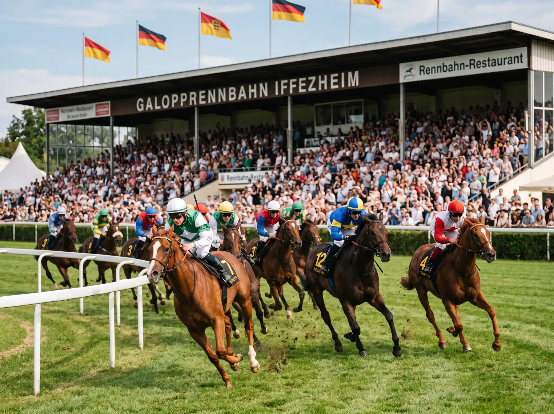Volles Feld von Galoppern im Endspurt auf der Zielgeraden der Rennbahn Iffezheim mit Zuschauertribüne im Hintergrund